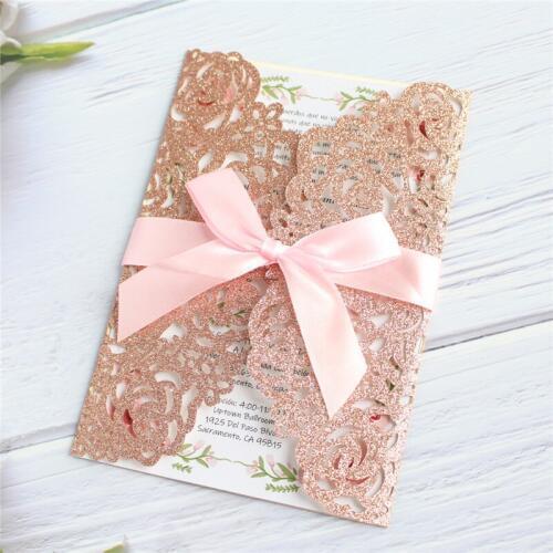 Rose gold invitations glittery wedding birthday greeting cards lace decorating customizable printing 50pcs