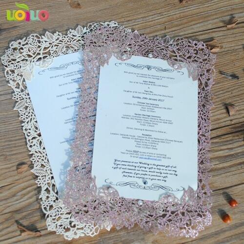 DIY customzied 50pcs inc34 Laser Cut Wedding invitations Card rose glitter paper rose gold menu Card stick buckle Party Favors