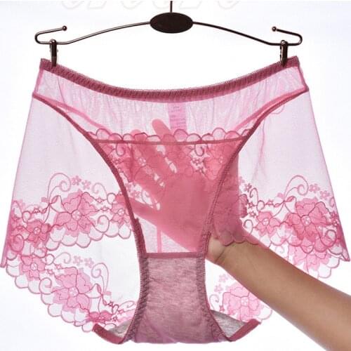 BS111 Large Size Lingerie Female Transparent Panties Sexy Lace Solid Ultra-Thin Seamless Briefs See Through Mesh Underwear