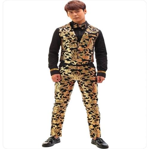 R33 Male Wedding dress host stage wears clothes glod printing dance costumes dj show party outfits bar t-shirt performance club