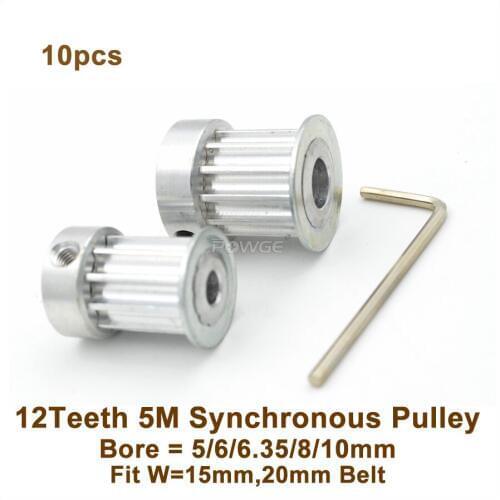 POWGE 10pcs 12 Teeth 5M Synchronous Pulley Bore5/6/6.35/8/10mm Fit Width 15/20mm 5M Timing Belt 12T 12Teeth HTD 5M Timing Pulley