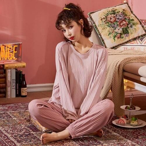 Spring Womens Home Wear Pink Pajamas Sets Long Sleeve Sweet Female Cotton Sleepwear 2020 Autumn Casual Ladies Home Clothes