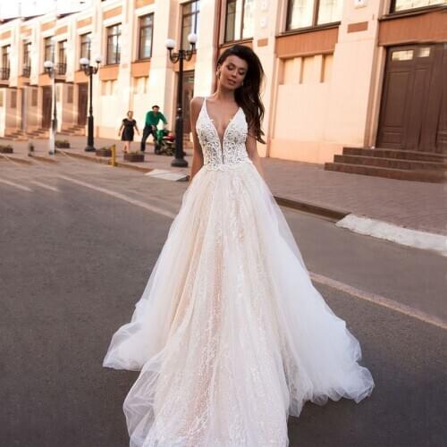 Vestido de casamento V-neck Sequined Lace Beading Wedding Dresses 2020 Sexy Backless Tulle Sweep Train Bride Dress vestidos