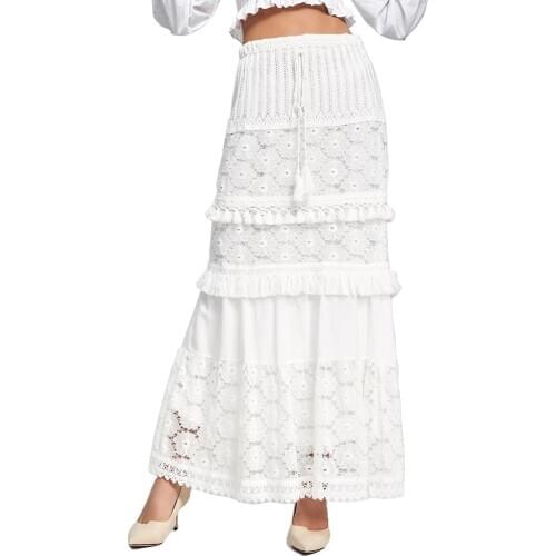 Phi Phi Star Brand Latest design fashion women high-waisted white lace cotton midi skirt