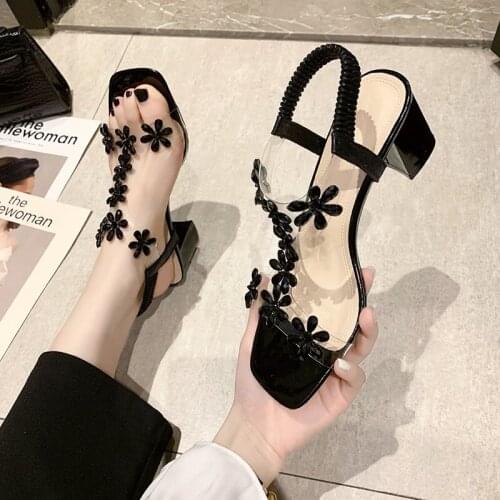 Block Heels High Heeled Sandals Woman 2021 Suit Female Beige Clear Shoes All-Match Med Chunky High-heeled Black Comfort Girls N