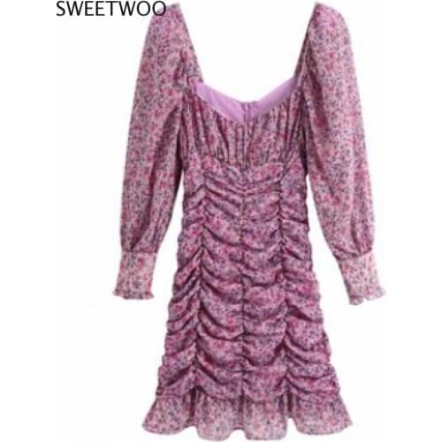 Ladies Fashion Square Collar Flower Print Pleated Mini Dress Ladies Puff Sleeve Casual Slim Vest Dress