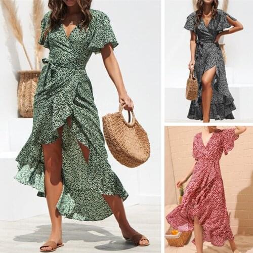Summer New Maxi Dress Women Floral Print Boho Beach Long Dress Lady Ruffles Wrap Casual V-Neck Split Sexy Party Dress Robe Femme