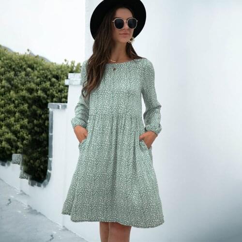 Autumn Loose Big Hem Leopard Print Dress 2021 Women Casual O-neck Long Sleeve Pockets A-line Dresses Woman Fashion Party Dress
