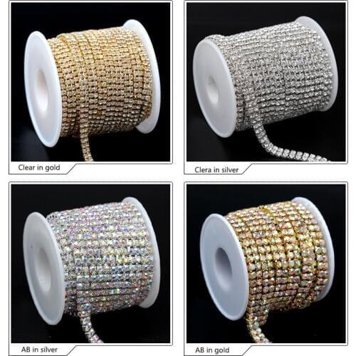 10yard 2-Row ss6 ss8 ss12 ss16 AB rhinestones trim close cup chain gold/silver claw Sewing Craft DIY clothes Crystal Chain beads