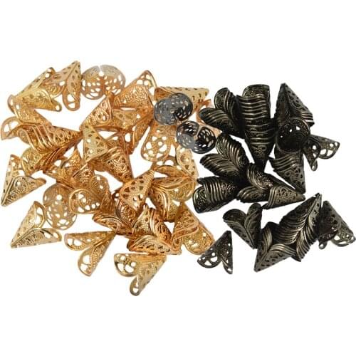 100 Pieces 16mm Filigree Cone Flower Cap For Beads Tassel DIY Craft gold color and Black