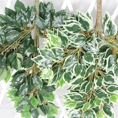 12pcs 60cm Green Leaves Silk Artificial White Banyan Tree Leaf Plant Branch Home Wedding Garden Backdrop Wall Hanging Decoration