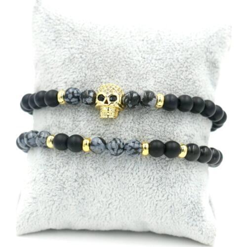2Pcs/Set Natural Stone Beaded Skeleton Skull Bracelet For Men Women Bracelets Couple Jewelry