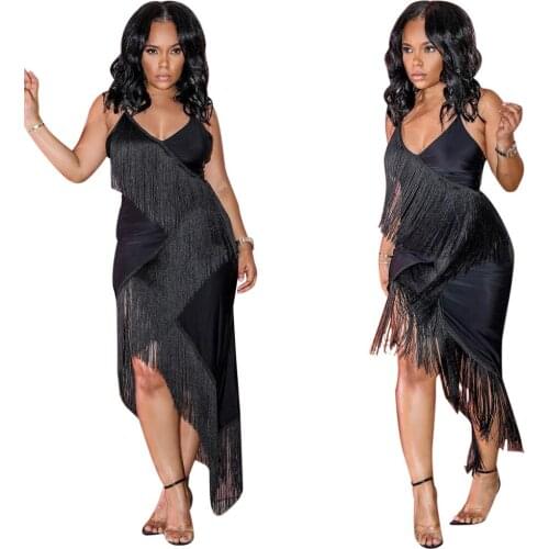 2021 Summer New Style Fashion Temperament Sexy Solid Color Sling Tassel Dress