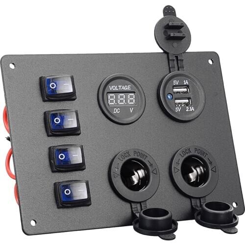 4 Buttons Waterproof Marine Boat Car Rocker Switch Panel 3.1A Dual USB Slot Socket Digital Voltage Display Switches