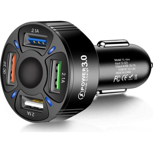 QC3.0 Car Charger 4 USB Fast Charging 4 Ports 12-32v Black Intelligent IC Fast Charging Car Charging