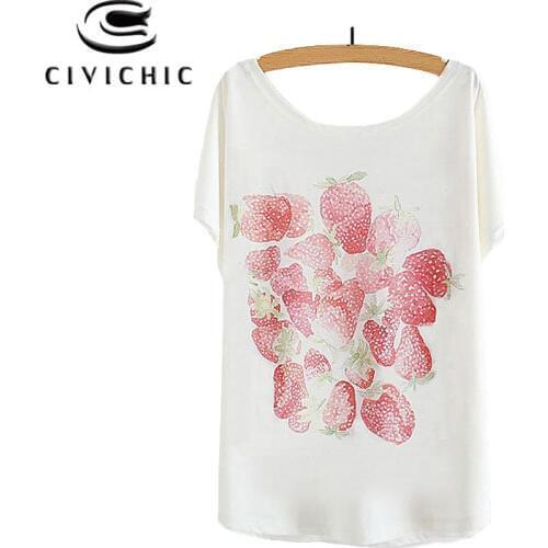 CIVI CHIC Girl Sweet Summer Loose T Shirt Woman Bat Sleeves Tops Ice Cream Desserts Strawberry Print Tees One Size Tshirt WST97