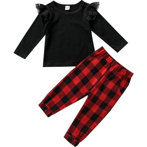 Fashion Baby Girls 2Pcs Outfit Clothing Long Sleeve T-shirt Pocket Plaid Pants Trousers Childrens Set