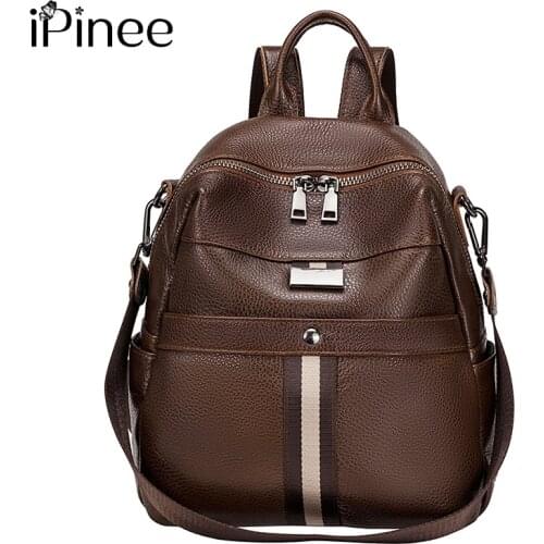 IPinee FASHION Genuine Leather Anti-thief Women Backpack Large Capacity Vintage School Bag for Teenager girls Male Travel Bags