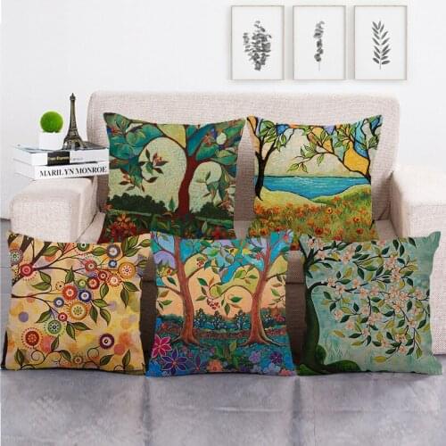 Painted Cushion Cover Forest Trees Series Linen Pillow Cover Printed Cushion Cover Home Decoration