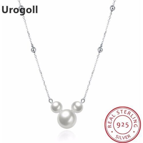 Wholesale 925 Sterling Silver Mickey Shape Pearl Pendant Necklaces For Women Lovely Link Chain Collares Choker Necklaces Jewelry