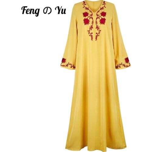 Ramadan Womens Round Neck Long Sleeve Embroidered Yellow Robe Moroccan Kaftan Turkey Arab Islamic Ethnic Neckline Cuff Embroide