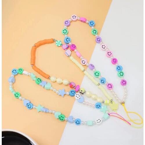 BLUE STAR Mobile Pearl Rope Cellphone Chains Phone Strap Lanyard Smile Face Disk Beads For Women 2021 Fashion Accessories
