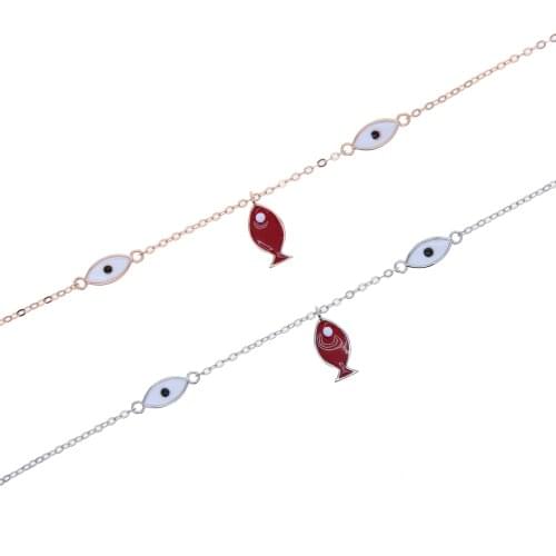 Rose Gold Silver Color 100% 925 Sterling Silver Metal Enamel Eye Fish Charm Chain Dainty Bracelet for girl Women Jewelry