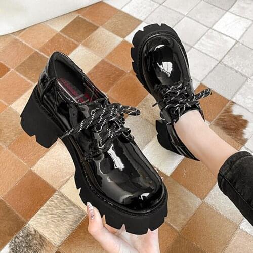 Patent Leather cross-tied brogue shoes women thicken soled loafers round toe thick high heels oxfords woman flats big size 42/43