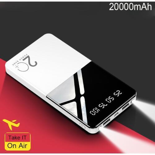 20000mAh Power Bank Ultra-thin Portable Power bank Charger with LED Digital Display External Battery with flashlight For phone