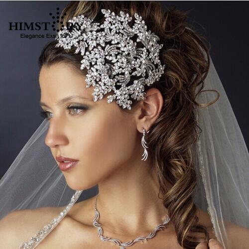 Gorgeous Full Crystal Large Headband Silver Leaf CZ Wedding Tiara Crown Alloy Bridal Queen Princess Hair Accessories Hairband