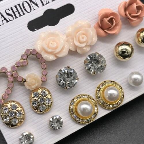 1 set black earrings Ball Simulated Pearl Stud Earrings Set Women Flower Piercing Card Stud Earring kit Bijouteria Jewelry