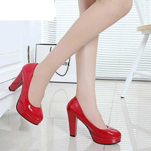 2020 Women Pumps Fashion Classic Patent Leather High Heels Shoes Nude Sharp Head Paltform Wedding Dress Plus Size 34-42