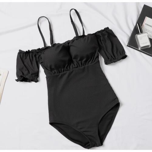 2019 Summer Women One Pieces Swimwear Full Coverage Ruffle Sleeves Shoulder Straps Bodysuit Nylon Balck Swimwear High Quality