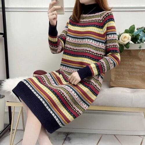 Half High Neck Rainbow Sweater Women Thick Long Ethnic Pullover Shirt Long-sleeve Loose Knit Dress Female Casual Vestidos f2537