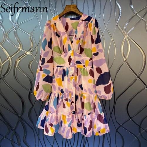 Seifrmann New 2021 Autumn Women Fashion Designer Party Short Dress Lantern Sleeve Single Breasted High Waist Print Ladies Dress