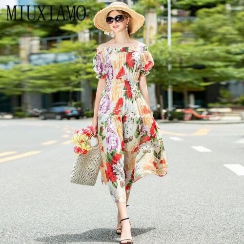 MIUXIMAO High Quality Europe 2020 Fall Dress Newest Half Sleeve Flower Print Elegant Mid-Calf Casual Dress Women Vestidos