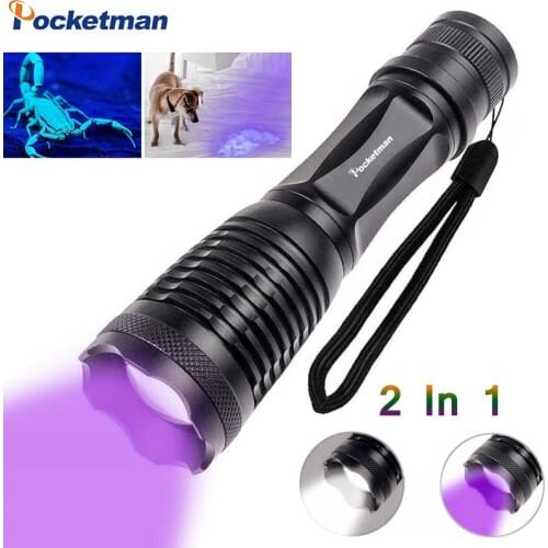 2 In 1 Purple Light White Light Flashlight UV Flashlight 395nm UV Torch Ultraviolet Urine Detector for Pet Urine Catch Scorpions
