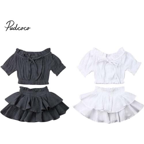 2019 Baby Summer Clothing Toddler Kids Baby Girls Off Shoulder Tops Shirt + Layered Ruffle Dress Kid Newborn Clothes Outfit 0-4T