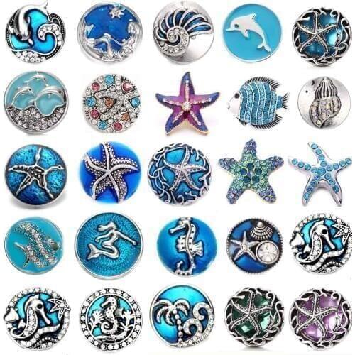 5pcs/lot Love Snap Jewelry 18mm Snap Buttons Vintage Metal Sealife Ginger Button Charm Fit Leather Silver plated Snap Bracelet