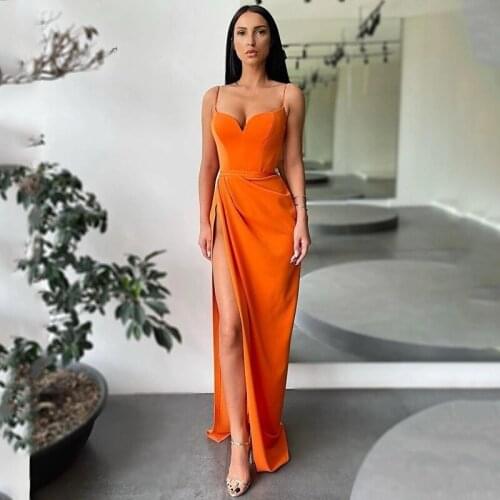 Thinyfull Sexy Prom Dresses Spaghetti Straps Satin High Split Evening Dress Saudi Arabia Mermaid Sleeveless Cocktail Party Gowns