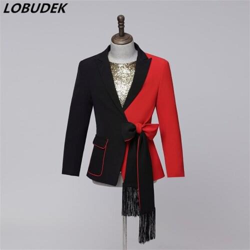 Bar Male Singer Stage Blazers Red Black Splicing Design With Belt Casual Coat Performance Costume Host Suit Jackets