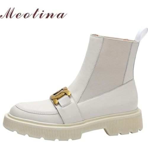 Meotina Genuine Leather Chelsea Boots Women Shoes Flat Platform Ankle Boots Round Toe Metal Decoration Lady Boots Autumn Winter