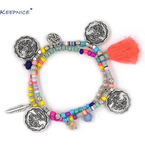 New Bohemia sea beach seed beads bracelets Pink tassels charm bracelet Boho Charms bangle Bracelets
