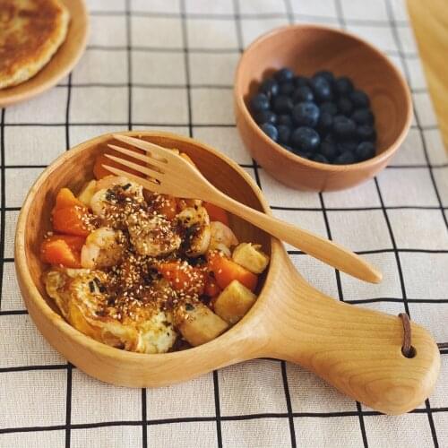 Japan Style Solid Wooden Bowl With Handle Creative Round Soup/Ramen/Milkshake Tableware Kitchen Supplies