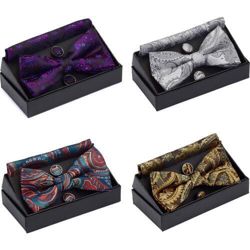GUSLESON Mens Pre-tied Bow Tie Set Paisley Floral Bow tie Pocket square Cufflinks With Gift Box For Man Gold Red For Wedding
