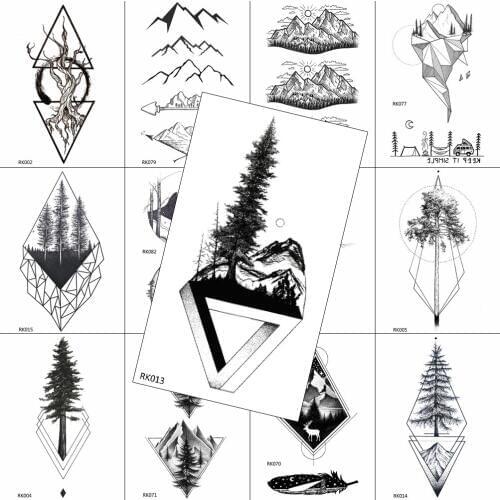 Geometric Mountain Black Tree Temporary Tattoos Sticker Fake Body Art Drawing Tatoos Paper For Men Women Arm Waterproof Tattoo