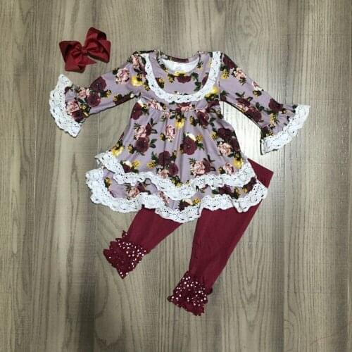 GirlyMax Winter Girls Floral Long Sleeve Floral Dress with Solid Maroon Pants Kids Outfits