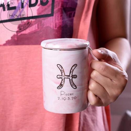 HOMIE Luxury pink matte ceramic marble tea coffee Cups and Twelve constellation marble cup with lid inlay ceramic cup couple cup