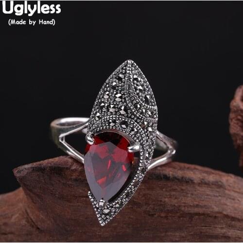 Uglyless Asymmetrical Designer Oval Marcasite Wide Open Rings for Women Garnet Water Drop Ring 925 Thai Silver Jewelry Gems R867