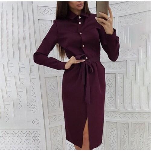 Spring and summer long-sleeved buttons, casual womens clothing, ladies mid-length shirts, female dresses, retro office dresses